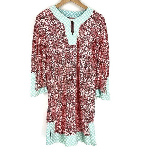 Cabana Life Dress Size Small Womens Red White Geo Print UPF50 Stretch Knit Shift - Picture 1 of 9